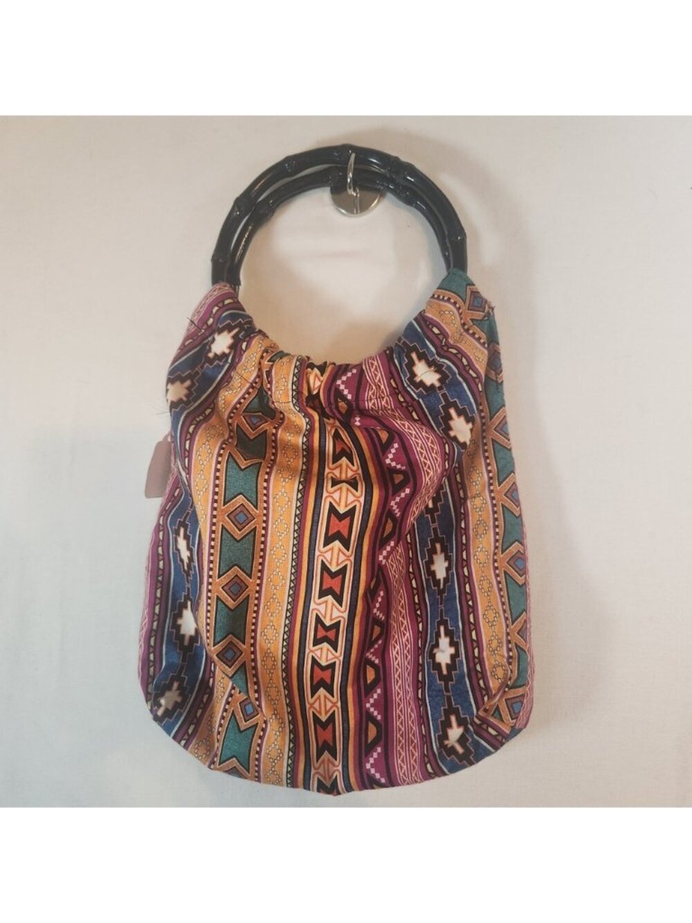 Handmade Boho Tribal Geometric Print Hobo Bag with Bamboo Multicolor